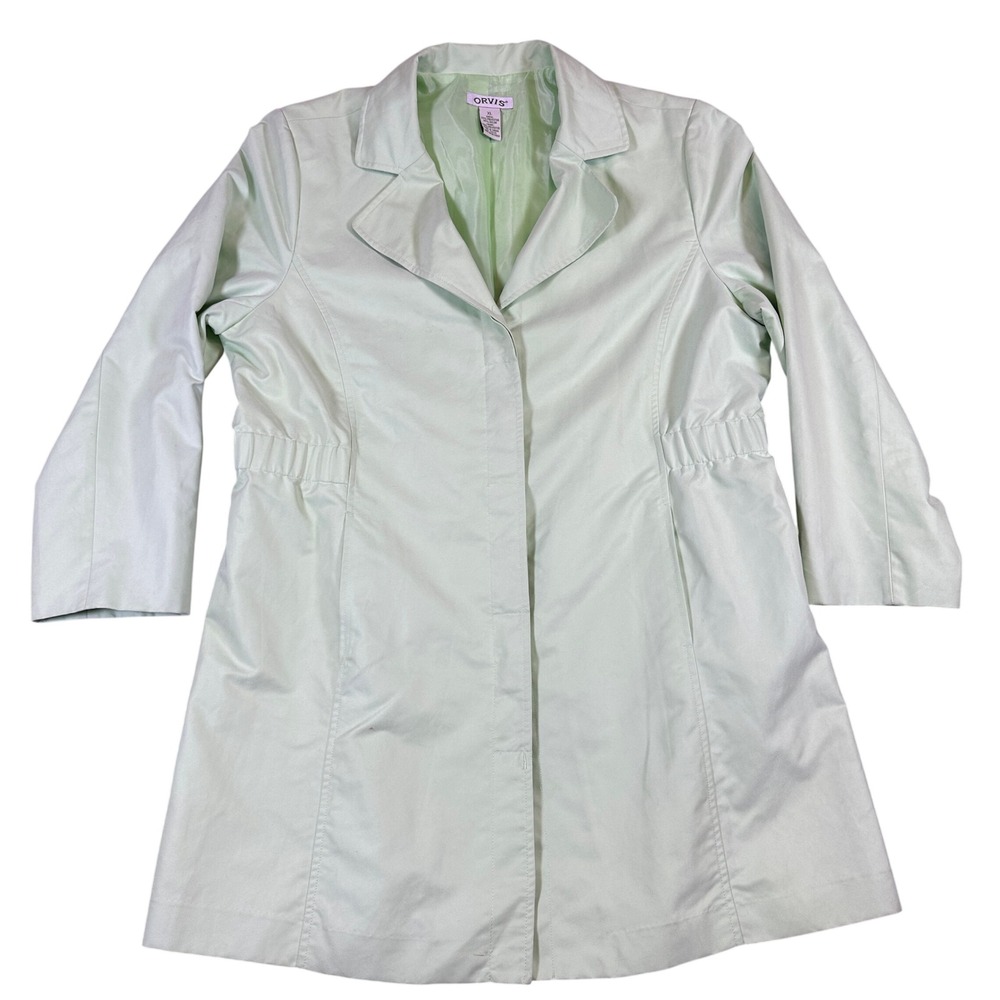 Orvis Womens XL Light Green Trench Coat Mid Length Button Up Lined Jacket